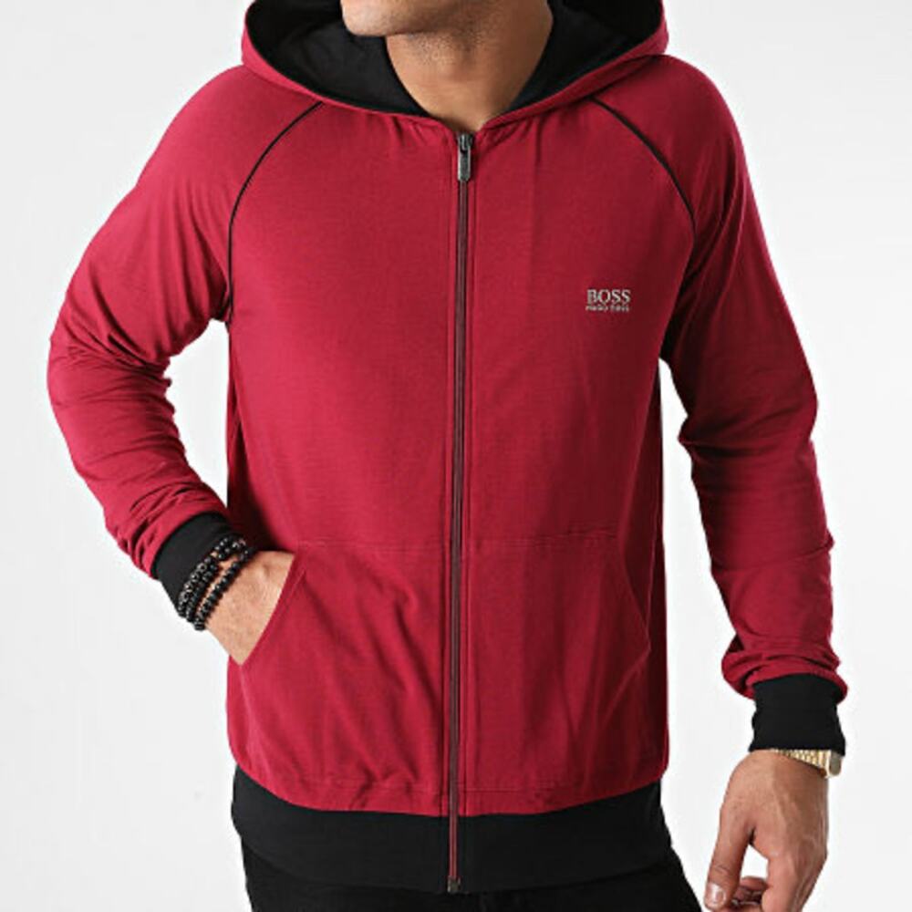 HUGO BOSS Track Jacket Men Medium Hooded Merlot Black Long-Slv Full-Zip Cotton